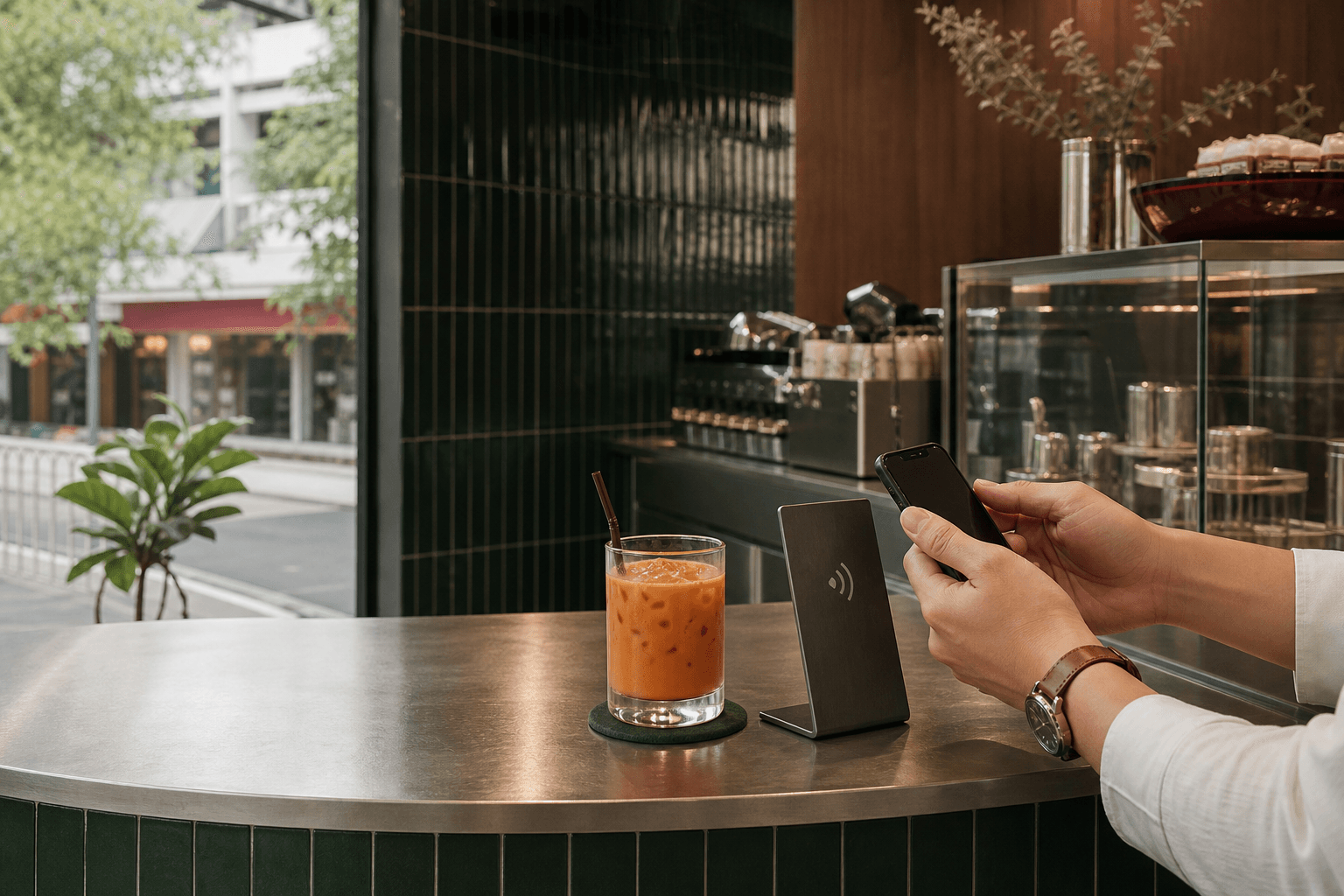 ลูกค้าแตะโทรศัพท์บนป้าย NFC ที่ร้านกาแฟ