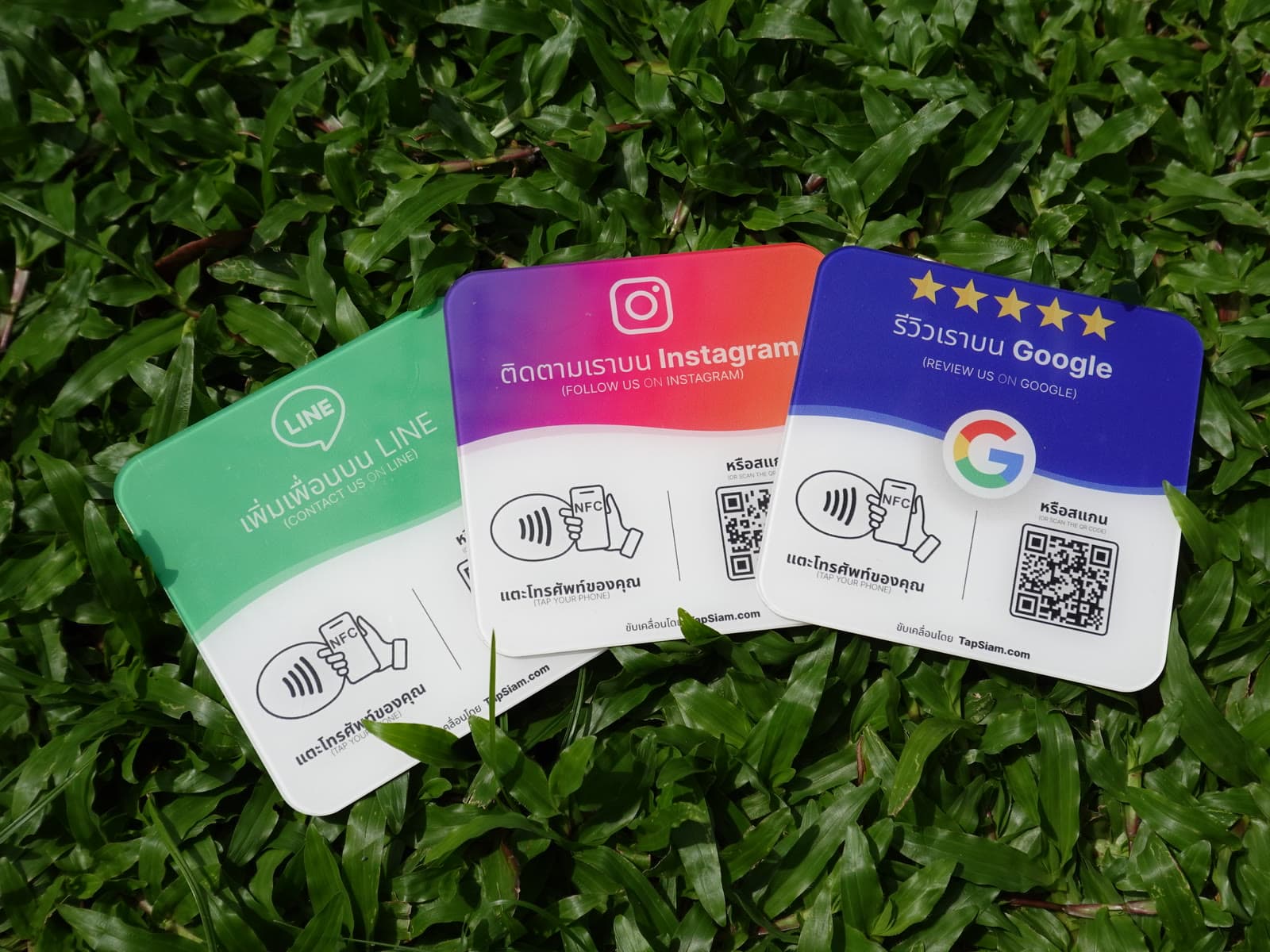 ป้าย TapSiam สามแบบ: LINE, Instagram และรีวิว Google วางบนหญ้า